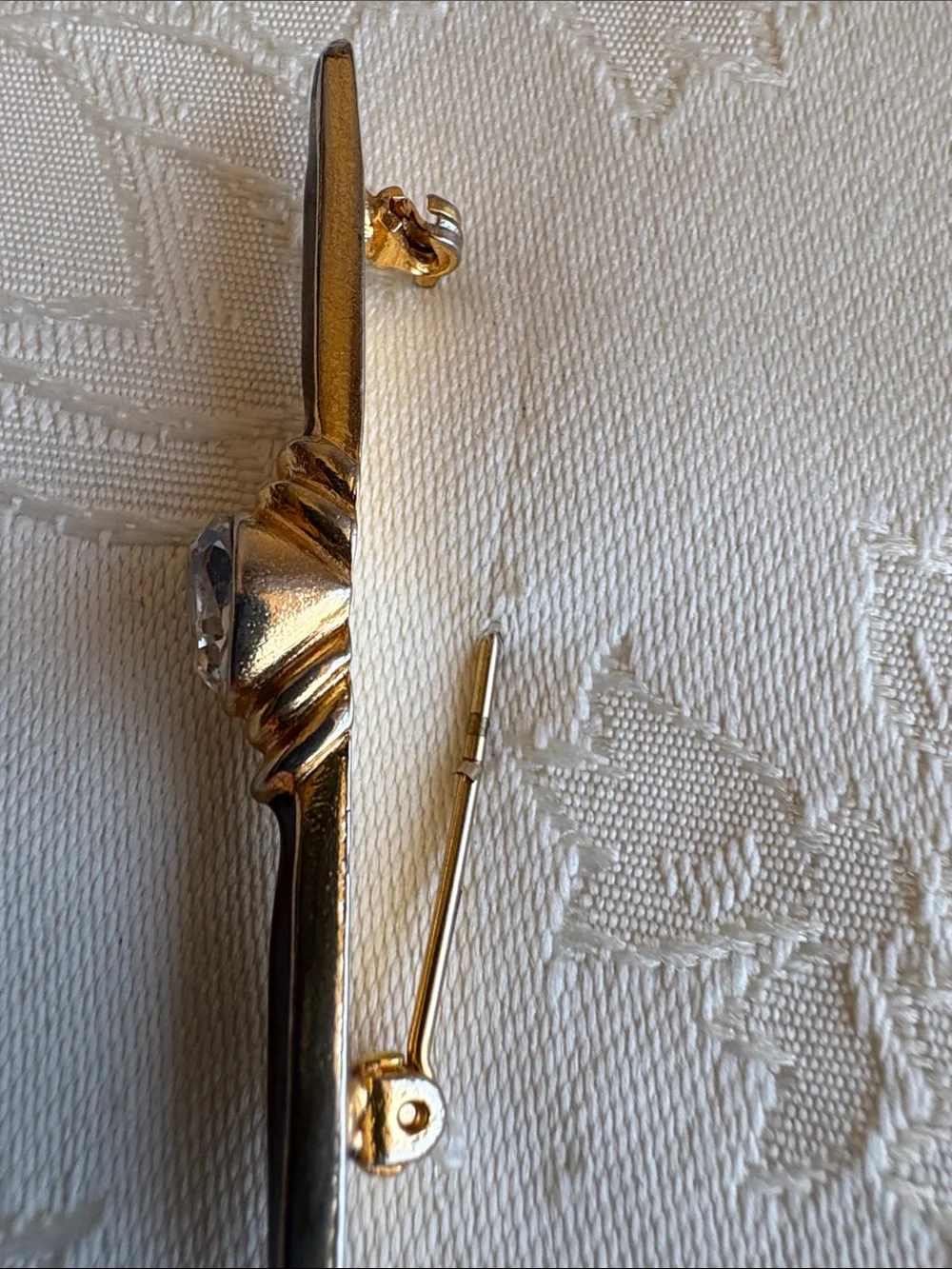 Gold Tone Bar Pin with Clear Center Stone
